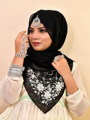 Luxury Bridal Hijab Scarf With Handwork（Black）