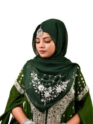 Luxury Bridal Hijab Scarf With Handwork（Bottle Green）