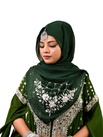Luxury Bridal Hijab Scarf With Handwork（Bottle Green）