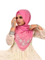 Luxury Bridal Hijab Scarf With Handwork（Pink）