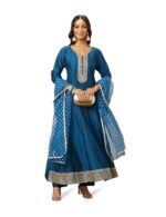 Women's Embroidered Anarkali Kurta Pant Set with Organza Dupatta | Viscose,Rayon | Teal Blue
