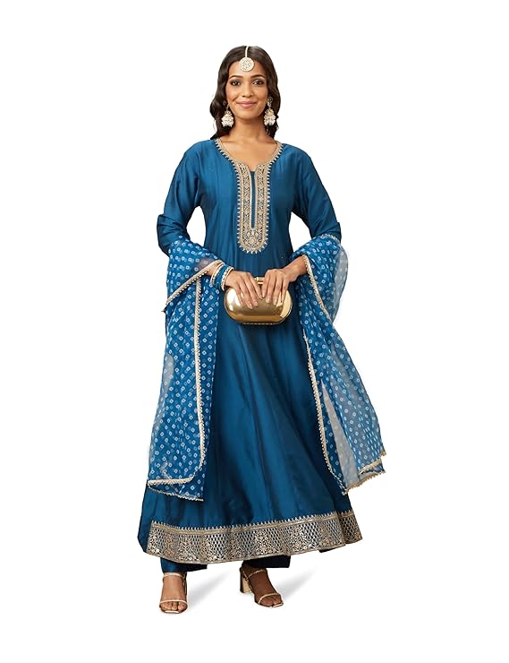 Women's Embroidered Anarkali Kurta Pant Set with Organza Dupatta | Viscose,Rayon | Teal Blue