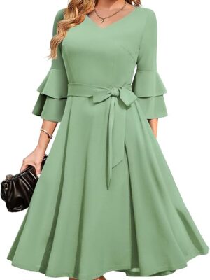 Women's Plus Size 3/4th Bell Sleeves Bridesmaid Dresses （Pista）
