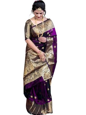 Women's Banarasi Silk Saree with Intricate Gold Zari Weaving & Unstitched Blouse Piece – Traditional Indian Wedding Attire（Mahi Wine）