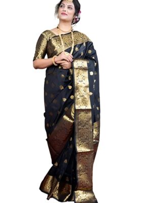 Women's Banarasi Silk Saree with Intricate Gold Zari Weaving & Unstitched Blouse Piece – Traditional Indian Wedding Attire（Mahi Black）