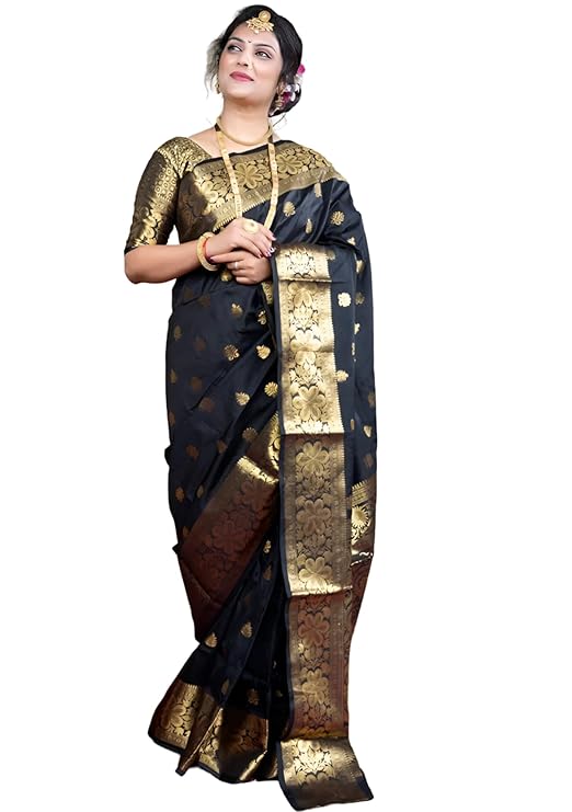 Women's Banarasi Silk Saree with Intricate Gold Zari Weaving & Unstitched Blouse Piece – Traditional Indian Wedding Attire（Mahi Black）