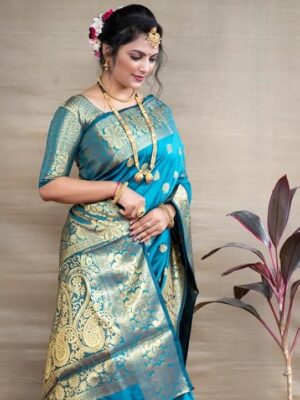 Women's Banarasi Silk Saree with Intricate Gold Zari Weaving & Unstitched Blouse Piece – Traditional Indian Wedding Attire（ Mahi Firoji）