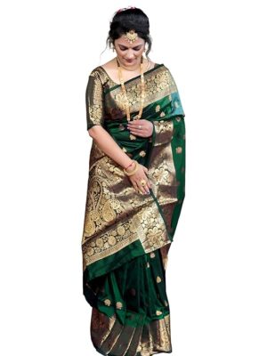Women's Banarasi Silk Saree with Intricate Gold Zari Weaving & Unstitched Blouse Piece – Traditional Indian Wedding Attire（ Mahi Green）
