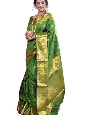 Women's Banarasi Silk Saree with Intricate Gold Zari Weaving & Unstitched Blouse Piece – Traditional Indian Wedding Attire（ Mahi Parot）