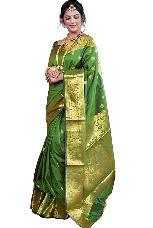 Women's Banarasi Silk Saree with Intricate Gold Zari Weaving & Unstitched Blouse Piece – Traditional Indian Wedding Attire（ Mahi Parot）