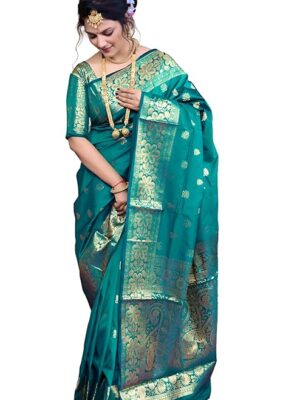 Women's Banarasi Silk Saree with Intricate Gold Zari Weaving & Unstitched Blouse Piece – Traditional Indian Wedding Attire（ Mahi Rama）