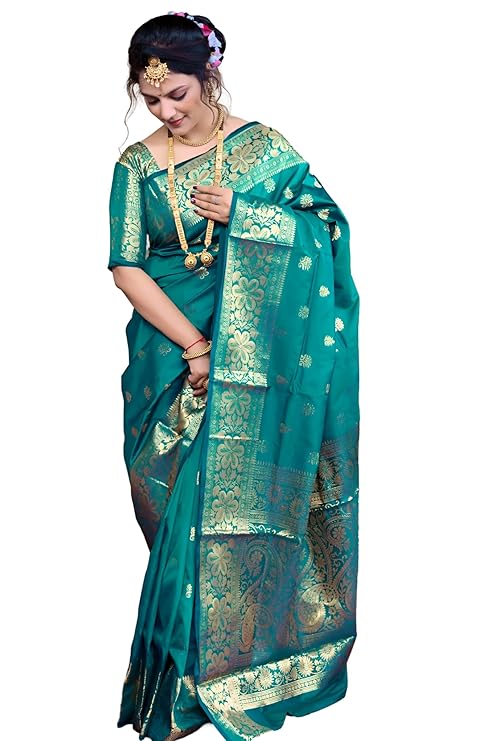 Women's Banarasi Silk Saree with Intricate Gold Zari Weaving & Unstitched Blouse Piece – Traditional Indian Wedding Attire（ Mahi Rama）