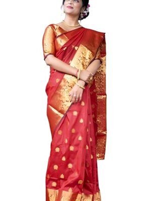 Women's Banarasi Silk Saree with Intricate Gold Zari Weaving & Unstitched Blouse Piece – Traditional Indian Wedding Attire（ Mahi Red）