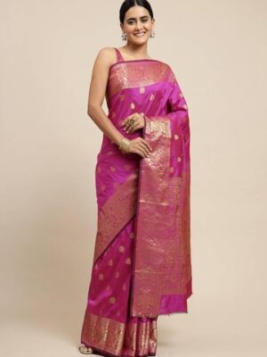 Women's Banarasi Silk Saree with Intricate Gold Zari Weaving & Unstitched Blouse Piece – Traditional Indian Wedding Attire（ Mahi pink）
