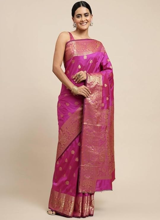 Women's Banarasi Silk Saree with Intricate Gold Zari Weaving & Unstitched Blouse Piece – Traditional Indian Wedding Attire（ Mahi pink）