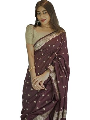 Women's Lavander Banarasi Kanchipuram Art Silk Saree for Women – Traditional Wedding & Party Saree with Blouse Piece – Ethnic Indian Silk Saree for Bridal, Festive (Wine)