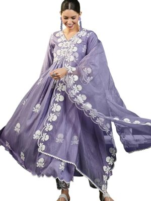 Women's Silk Blend Chain Work Embroidered A Line Kurta with Pant Set For Wedding, Ethnic Wear (Lavender)