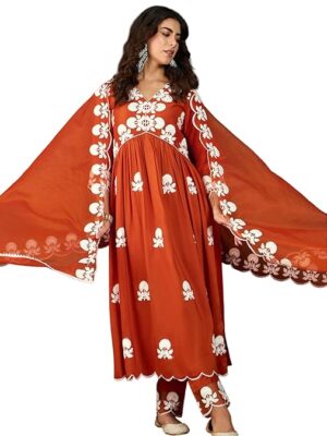 Women's Silk Blend Chain Work Embroidered A Line Kurta with Pant Set For Wedding, Ethnic Wear (Orange)