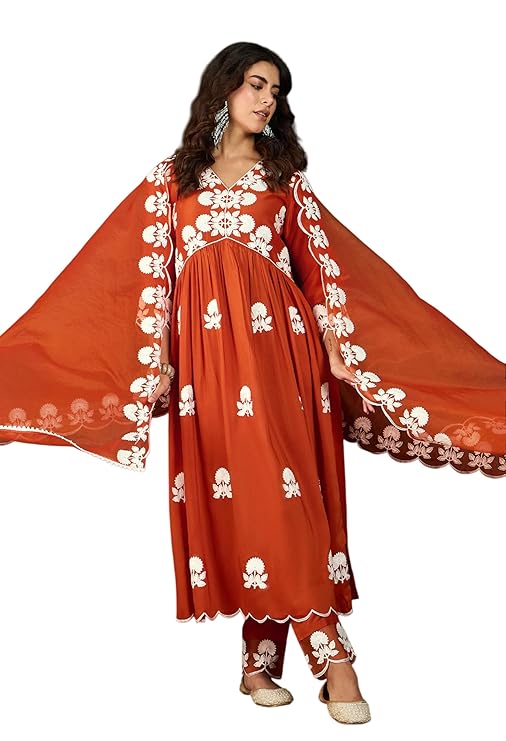 Women's Silk Blend Chain Work Embroidered A Line Kurta with Pant Set For Wedding, Ethnic Wear (Orange)