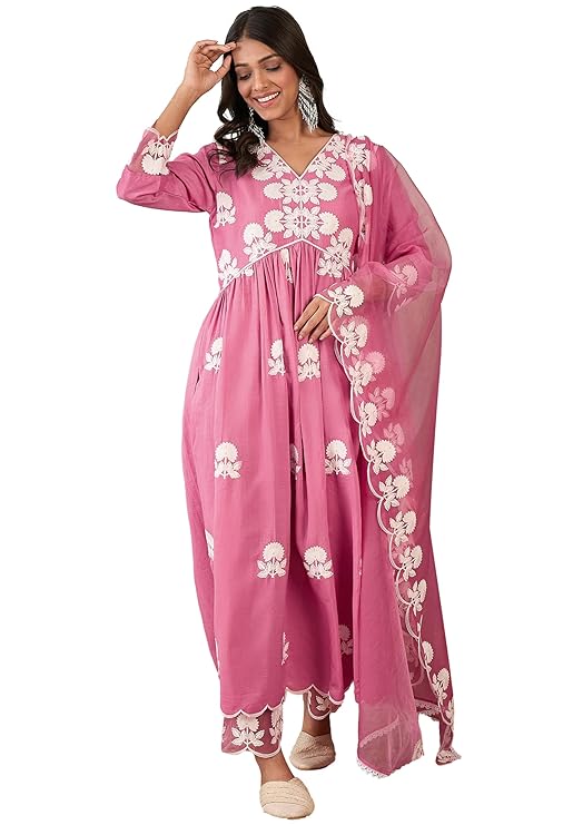 Women's Silk Blend Chain Work Embroidered A Line Kurta with Pant Set For Wedding, Ethnic Wear (Pink)