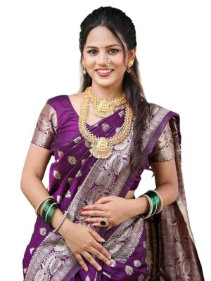 Women's Maroon Banarasi Kanchipuram Art Silk Saree for Women – Traditional Wedding & Party Saree with Blouse Piece – Ethnic Indian Silk Saree for Bridal, Festive (Purple)