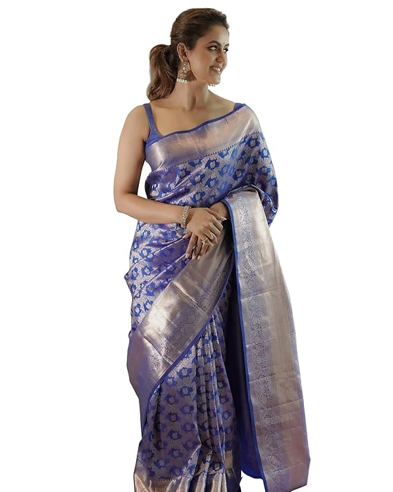 Women's Maroon Banarasi Kanchipuram Art Silk Saree for Women – Traditional Wedding & Party Saree with Blouse Piece – Ethnic Indian Silk Saree for Bridal, Festive (Royal Blue)