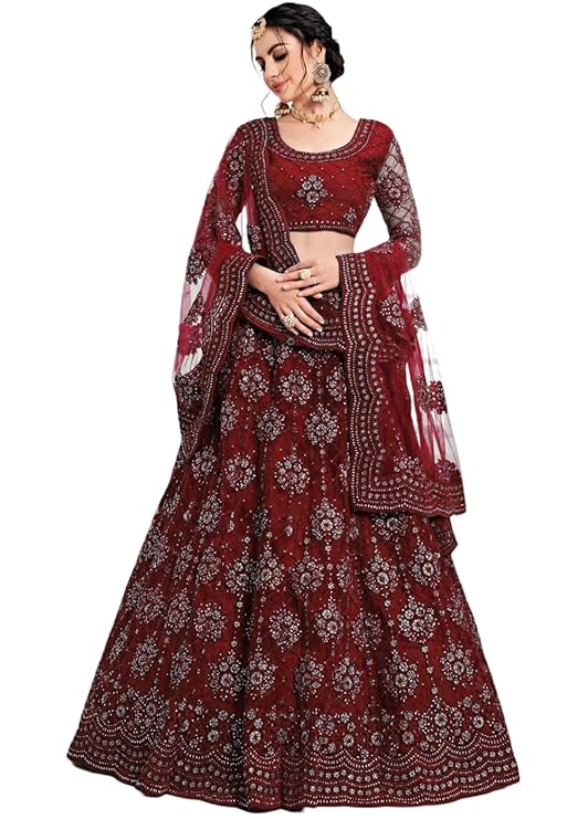 Elegant and Stylish Lehenga Choli for Women – Traditional Indian Wear with Embroidery, Perfect for Weddings and Festivals (Net-Maroon)