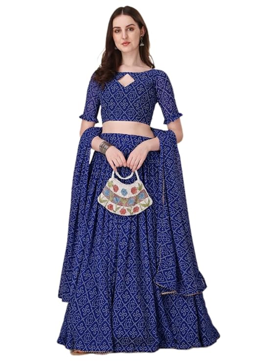 Women's Georgette Lehenga - Bandhani Work, Semi Stitched Lehenga - Black - Ideal For Weddings Family Functions (Blue)