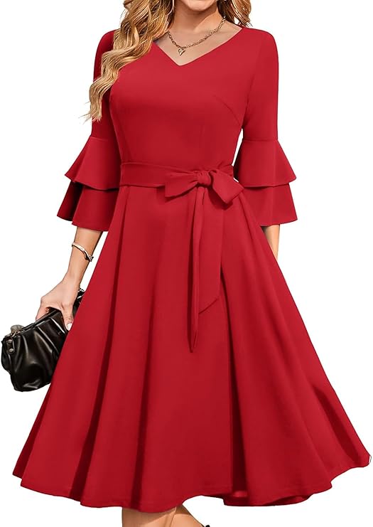 Women's Plus Size 3/4th Bell Sleeves Bridesmaid Dresses （Red）