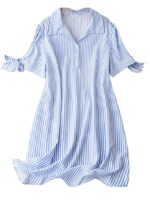 Striped Shirt Style Mini Dress for Women | Collared Casual A-Line | Tunic with Tie Sleeves & Front Buttons (SKY BLUE)