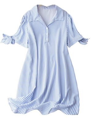 Striped Shirt Style Mini Dress for Women | Collared Casual A-Line | Tunic with Tie Sleeves & Front Buttons (SKY BLUE)