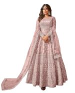Women's Net Semi Stitched Gown Top With Satin Silk Fabric Bottom & Net Dupatta Embroidered Anarkali Dress（Purple）