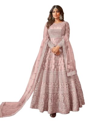 Women's Net Semi Stitched Gown Top With Satin Silk Fabric Bottom & Net Dupatta Embroidered Anarkali Dress（Purple）