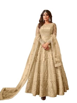 Women's Net Semi Stitched Gown Top With Satin Silk Fabric Bottom & Net Dupatta Embroidered Anarkali Dress（Beige）