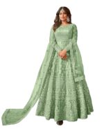 Women's Net Semi Stitched Gown Top With Satin Silk Fabric Bottom & Net Dupatta Embroidered Anarkali Dress（Green）