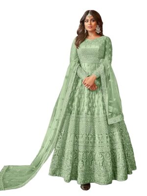 Women's Net Semi Stitched Gown Top With Satin Silk Fabric Bottom & Net Dupatta Embroidered Anarkali Dress（Green）