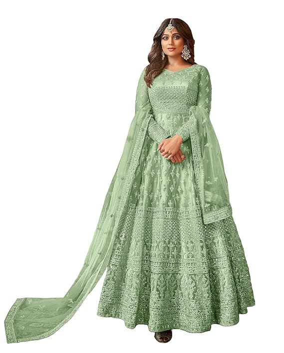Women's Net Semi Stitched Gown Top With Satin Silk Fabric Bottom & Net Dupatta Embroidered Anarkali Dress（Green）