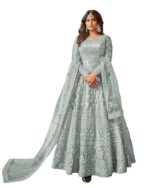 Women's Net Semi Stitched Gown Top With Satin Silk Fabric Bottom & Net Dupatta Embroidered Anarkali Dress（Grey）