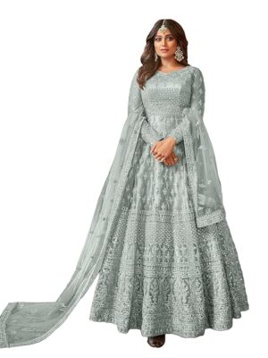 Women's Net Semi Stitched Gown Top With Satin Silk Fabric Bottom & Net Dupatta Embroidered Anarkali Dress（Grey）