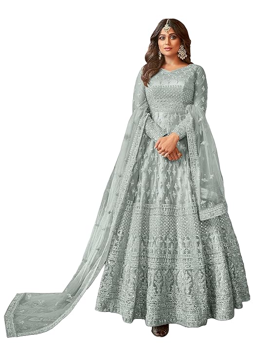 Women's Net Semi Stitched Gown Top With Satin Silk Fabric Bottom & Net Dupatta Embroidered Anarkali Dress（Grey）