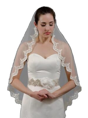 Wedding Bridal Veils 1 Tier Muslim Lace Flower Edge Tulle Wedding Church Veil Bride Hair Accessories for Women and Girls (Ivory)