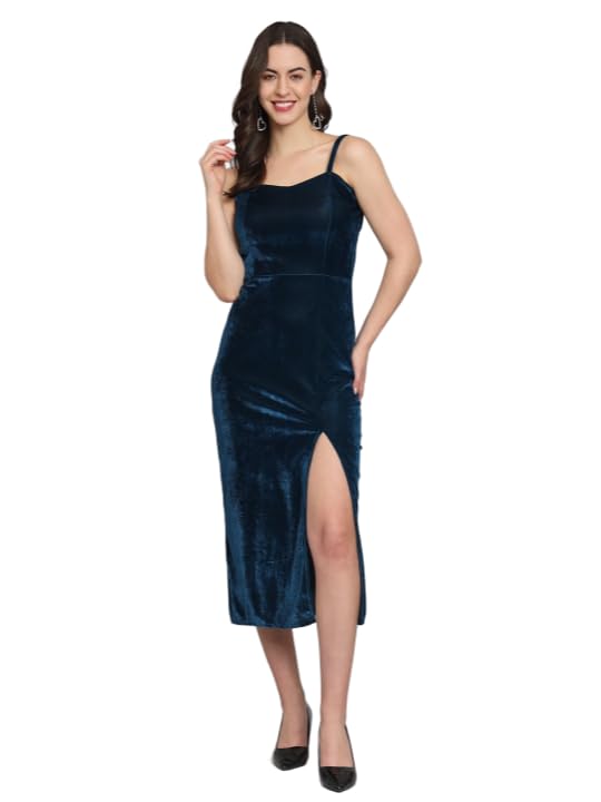 Women's Velvet Bodycon Maxi Party Dress( Peacock Blue)