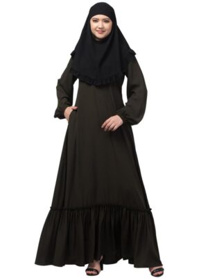 A-line Abaya With Gathering Work and Elasticated Cuffs - Made with Nida Matte Fabric for Women and Girls
