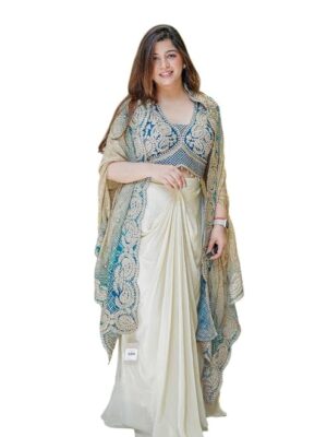 Premium Chinnon Silk Fabric With Cording & Wedding Bollywood Party Girls Wear Dhoti Indo Western(Sky Blue)