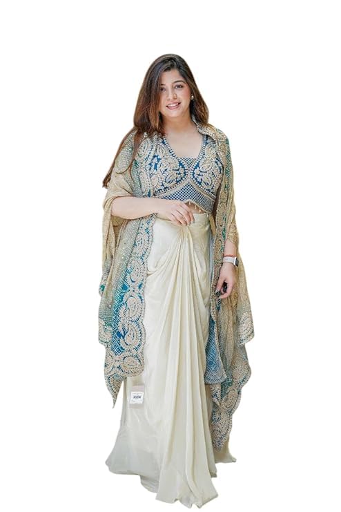 Premium Chinnon Silk Fabric With Cording & Wedding Bollywood Party Girls Wear Dhoti Indo Western(Sky Blue)