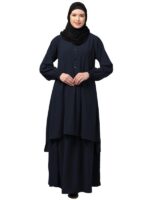 Two Pieces Abaya Dress with Elasticated Sleeves made with Nida Matte Fabric - Knee length Burqa (Navy Blue)