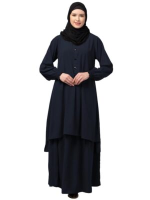 Two Pieces Abaya Dress with Elasticated Sleeves made with Nida Matte Fabric - Knee length Burqa (Navy Blue)