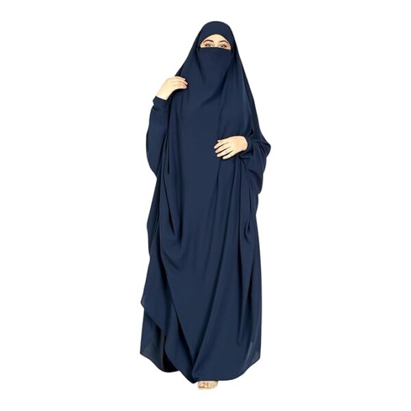 Dual Layer Abaya Dress with attached Shrug Made with Nida Matte Fabric with Side Pockets(Navy Blue)
