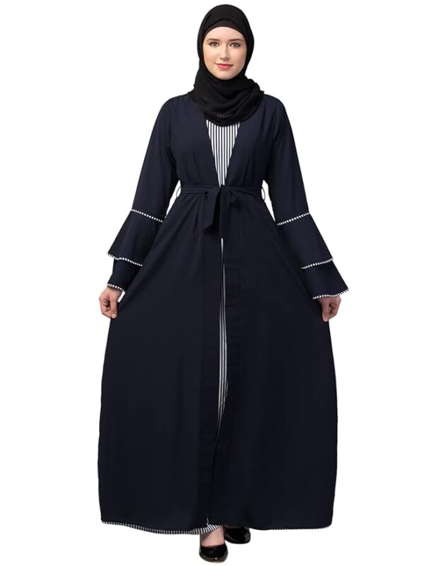 Dual Layer Abaya Dress with attached Shrug and Striped Inner Made with Nida Matte and Crepe Fabric (Navy Blue)