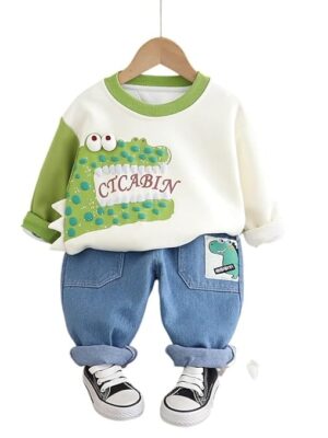 Unisex Kid Cotton Printed Clothing Set, Bubble Dino Print, Full Sleeve T-Shirt & Jogger, Soft Outfit, Casual Wear